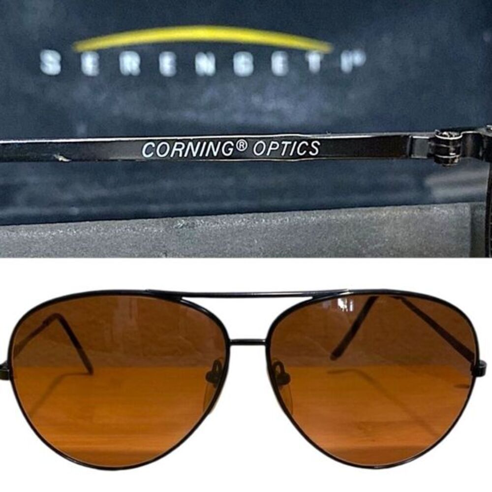 VTG Corning‎ Optics Aviator Sunglasses Black Frame Brown Lenses + Serengeti Case